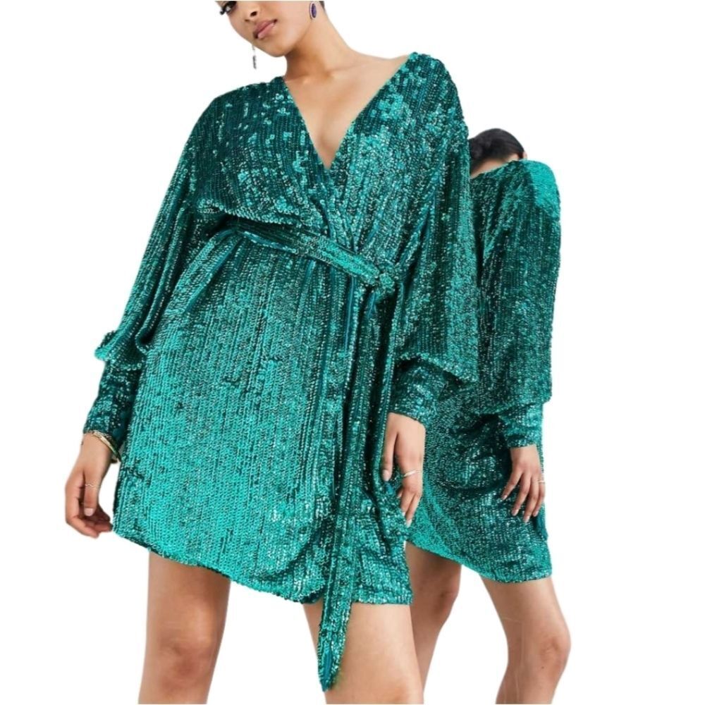 ASOS Design Womens Teal Green Sequin Wrap Long Sleeve Tie Mini Dress Size 6